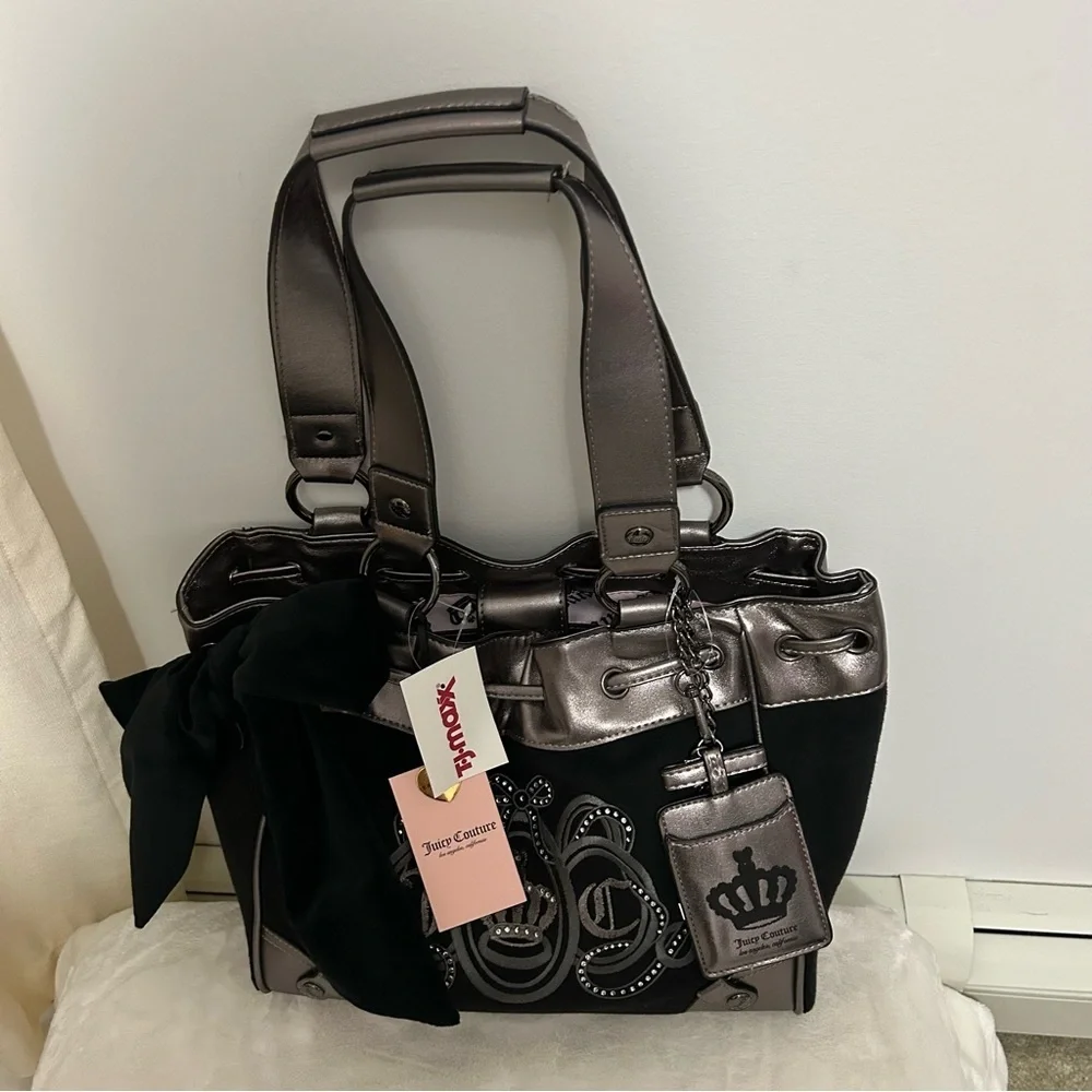 NWT Juicy Couture Black Velour Daydreamer Bag Metallic Pewter Trim
